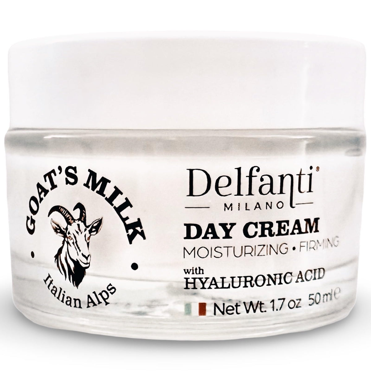 Delfanti-Milano day cream front packaging shows elegant jar and moisturizing benefit