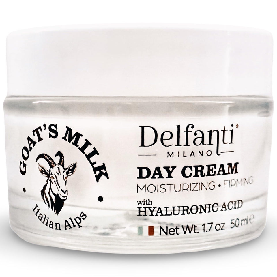 Delfanti-Milano day cream front packaging shows elegant jar and moisturizing benefit
