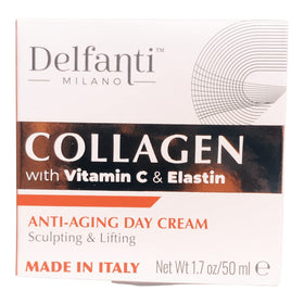 Delfanti-Milano label close-up highlighting collagen, vitamin C and elastin benefits