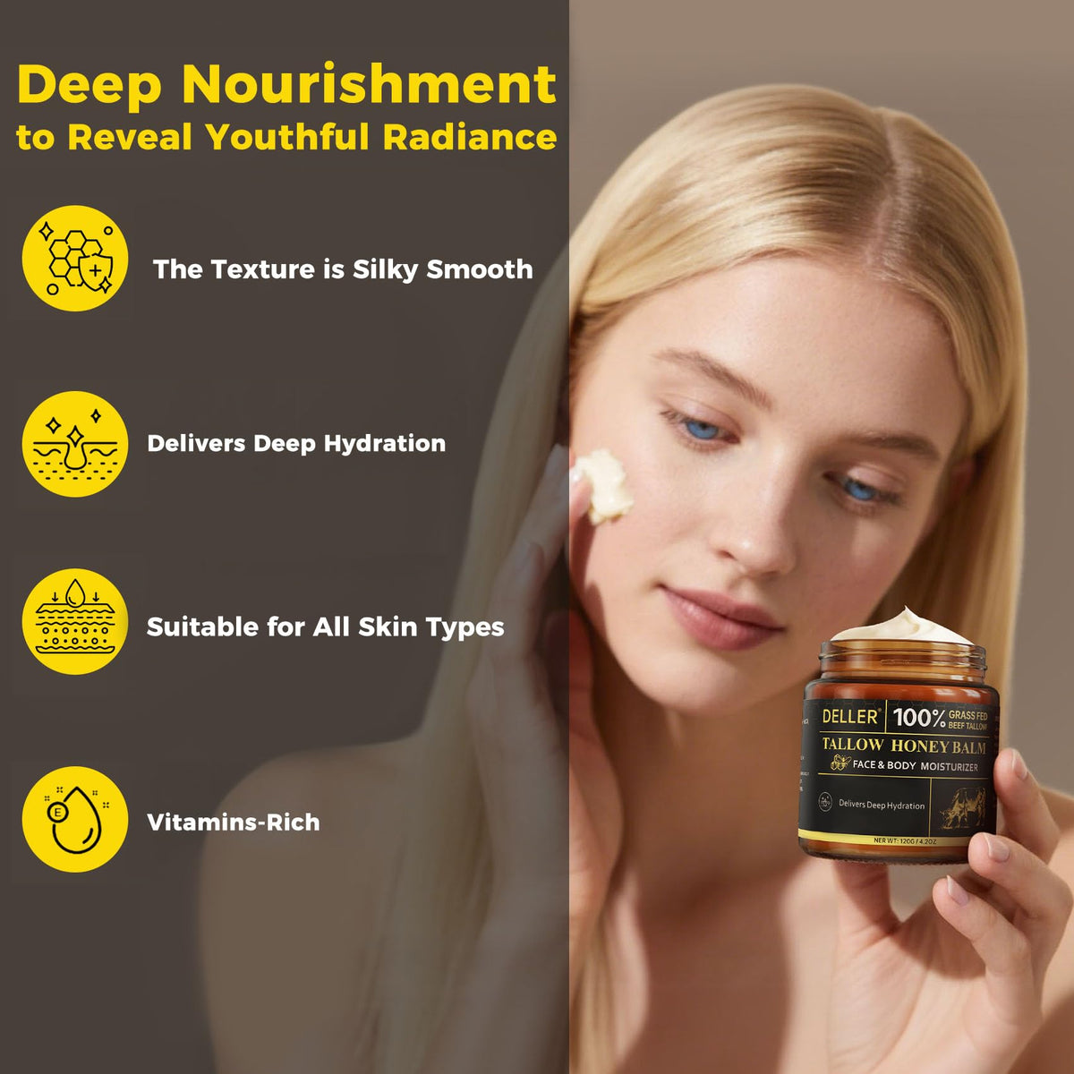 Deller whipped tallow texture closeup highlighting creamy spreadability and absorption