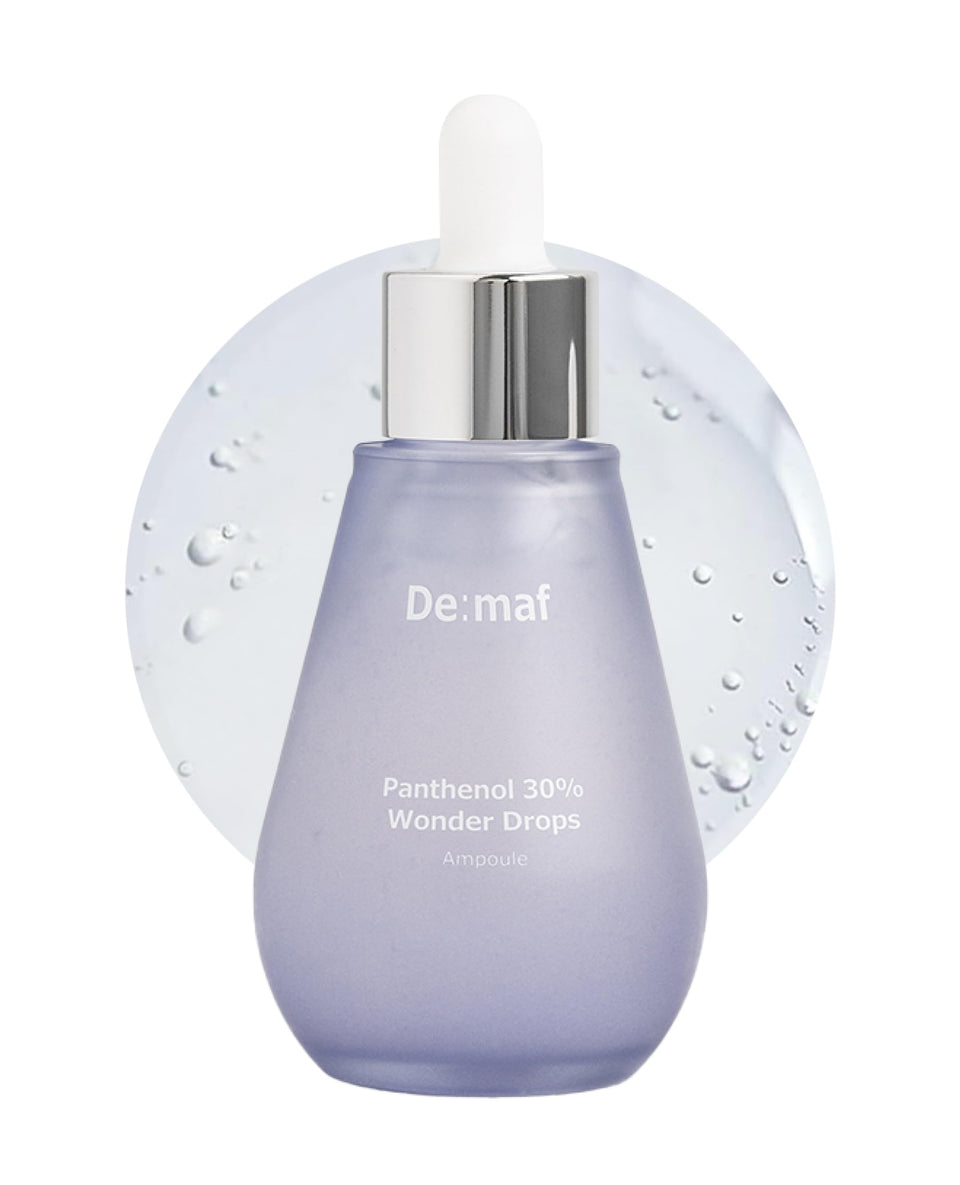 De:maf bottle front view showing label and pipette, highlights soothing benefits