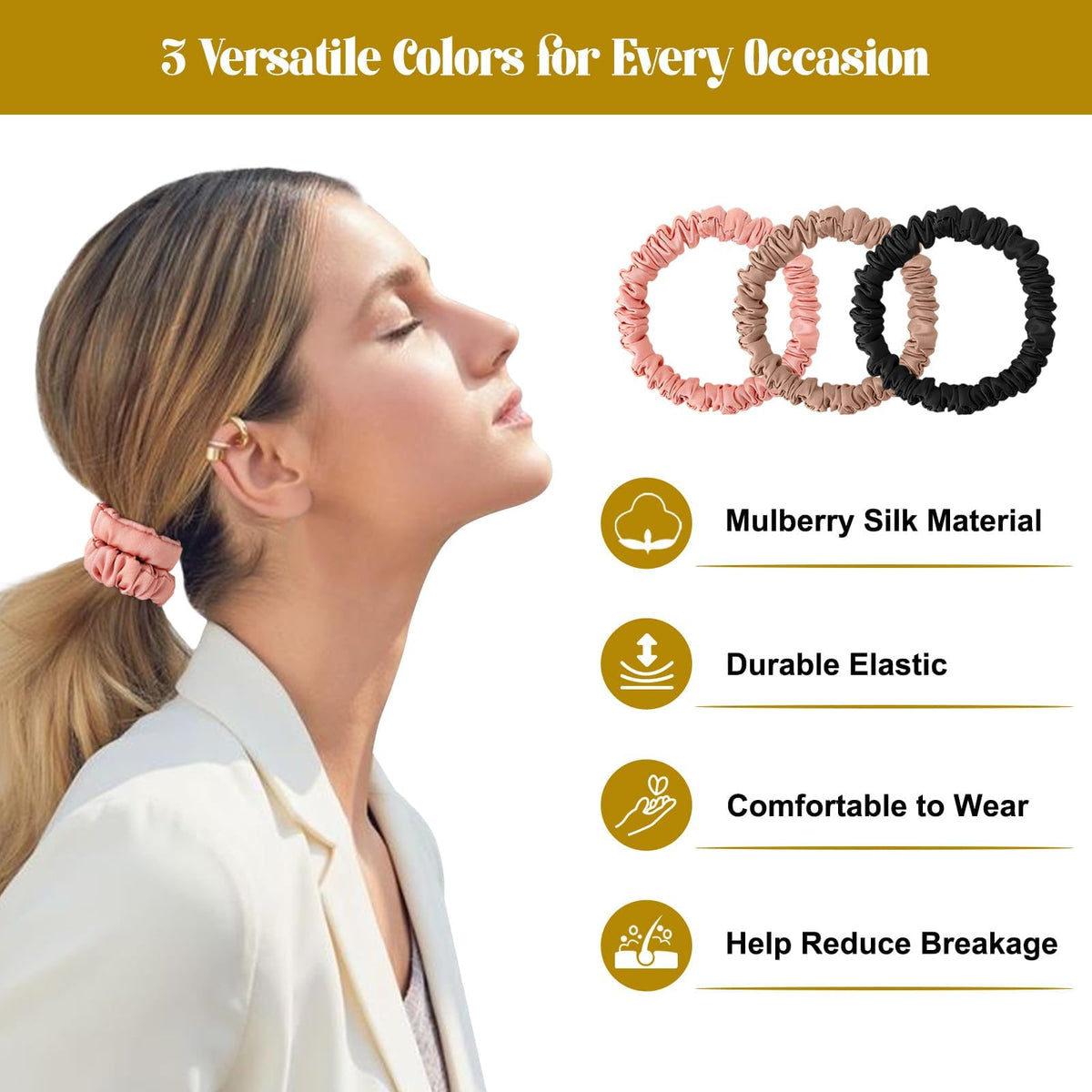 DEMAZALO detail of elastic core inside scrunchie, stretch that secures styles