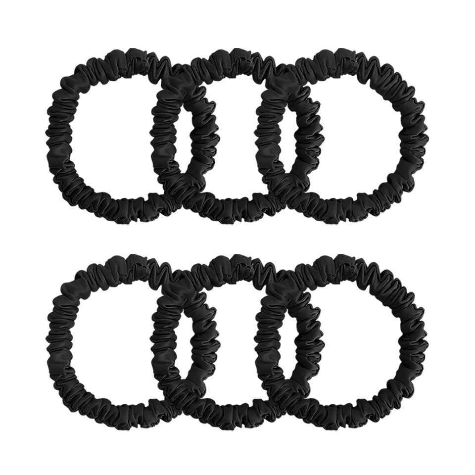 DEMAZALO front view of six black silk scrunchies shows smooth finish and uniform set