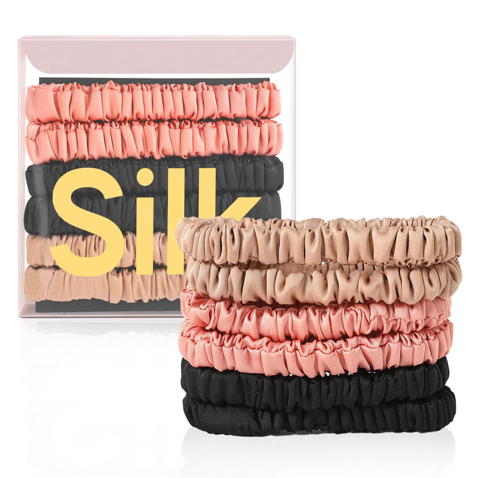 DEMAZALO front packaging showing six silk scrunchies, elegant gift-ready presentation