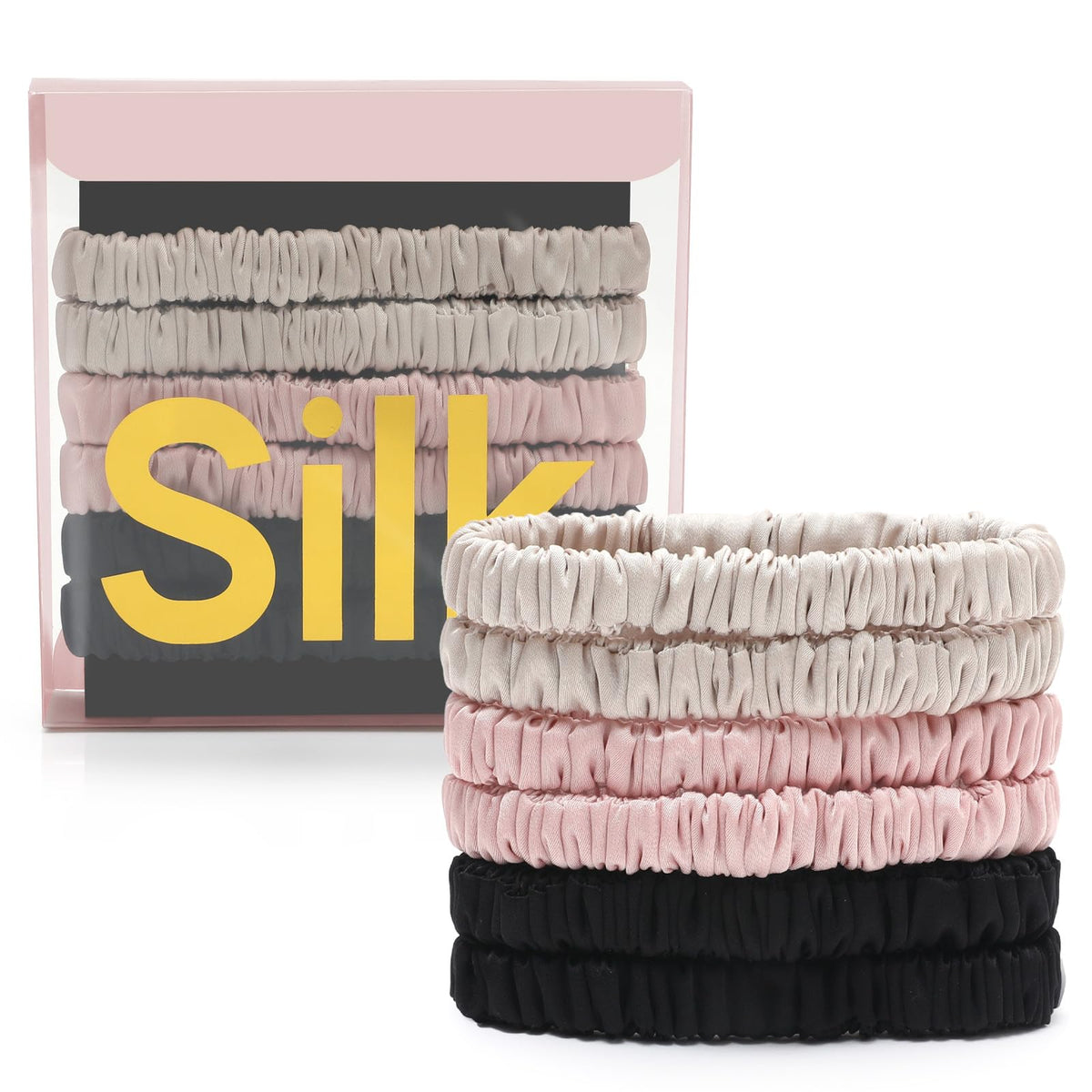 DEMAZALO front packaging showing six silk scrunchies and neat box, gift-ready
