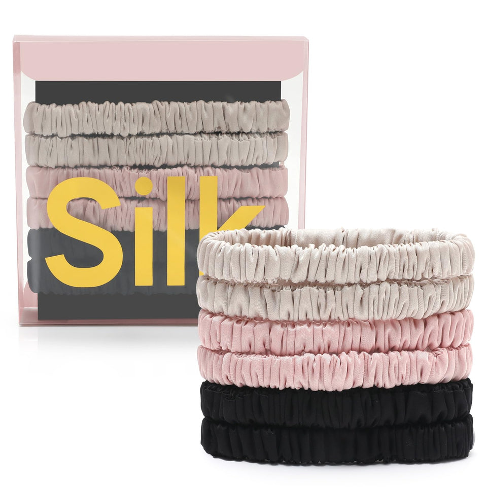 DEMAZALO front packaging showing six silk scrunchies and neat box, gift-ready