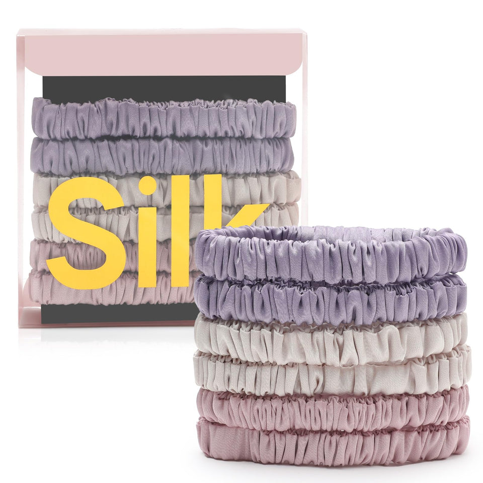DEMAZALO front packaging showing six silk scrunchies, neat presentation and protection