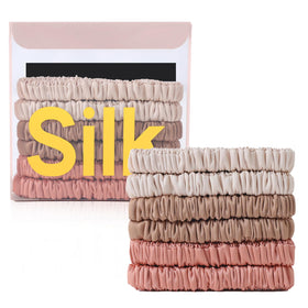 DEMAZALO front packaging showing six silk scrunchies, elegant gifting benefit