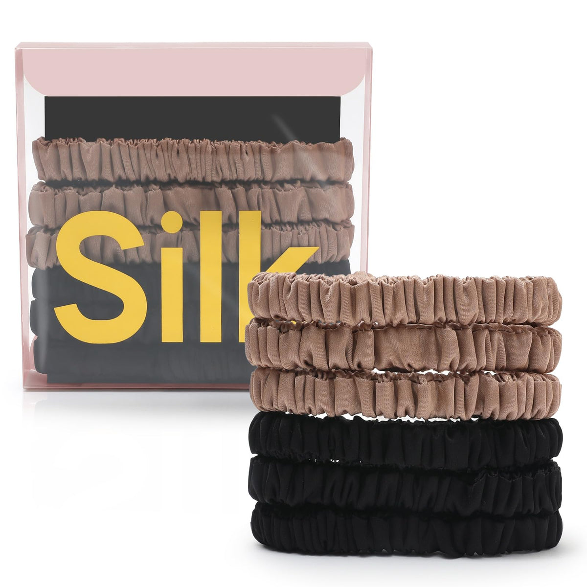 DEMAZALO front packaging showing six silk scrunchies, elegant gift-ready presentation