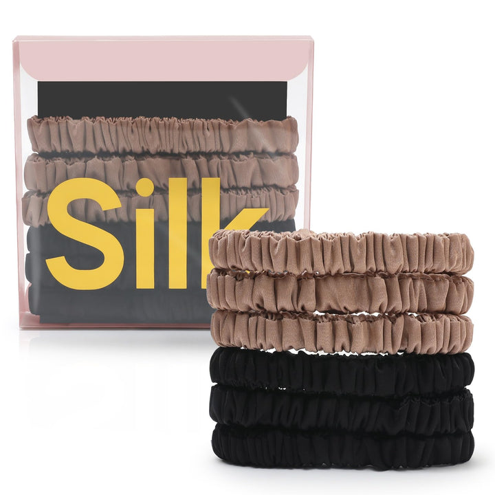 DEMAZALO front packaging showing six silk scrunchies, elegant gift-ready presentation