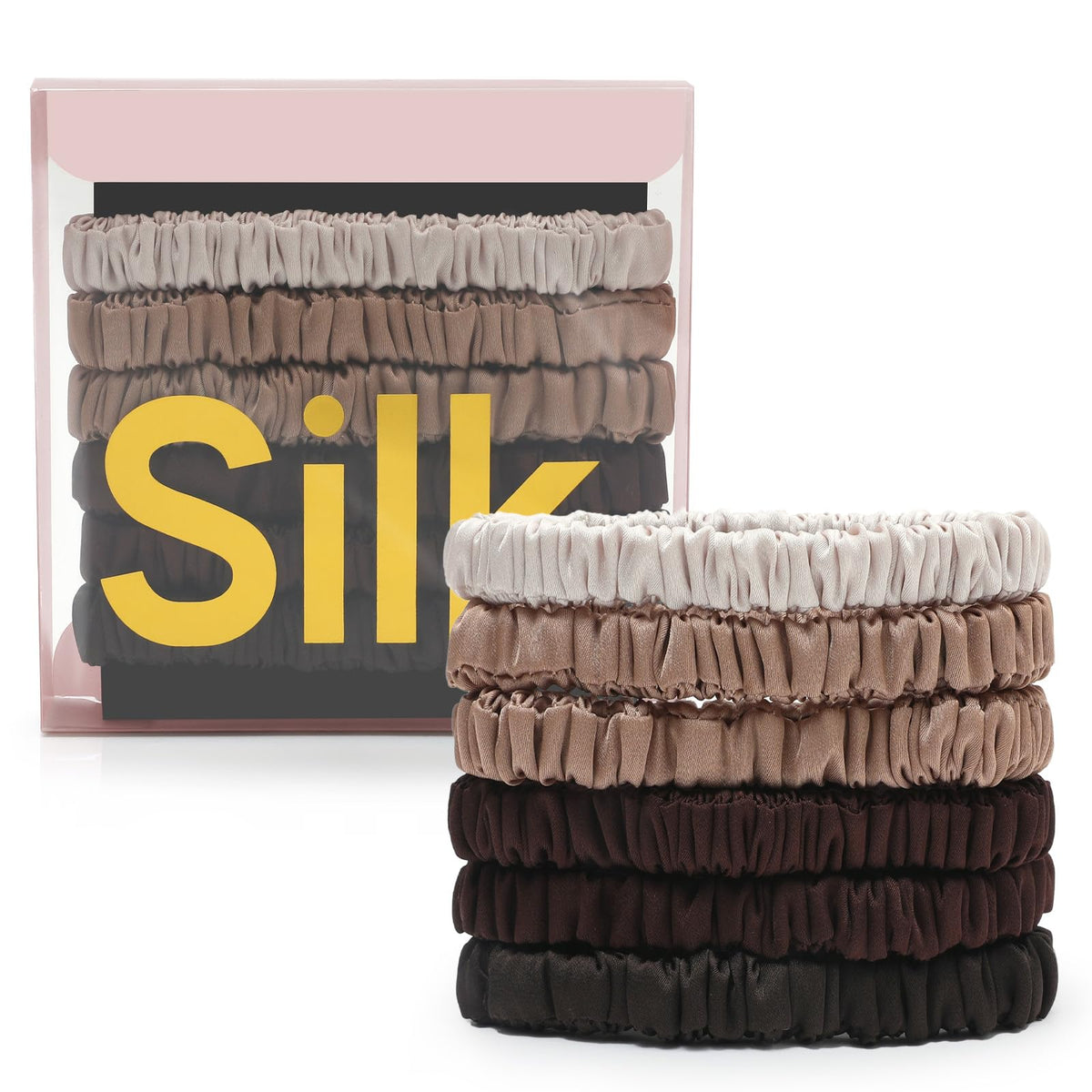 DEMAZALO front packaging showing six silk scrunchies and box, elegant gift-ready presentation