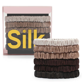 DEMAZALO front packaging showing six silk scrunchies and box, elegant gift-ready presentation