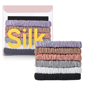 DEMAZALO front packaging showing six silk scrunchies and neat gift box, easy gifting