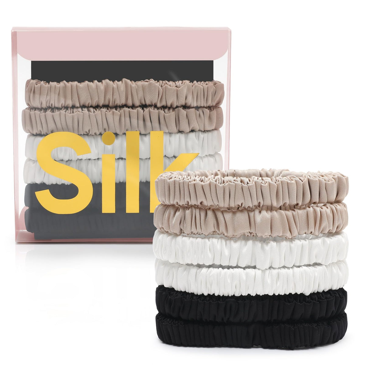 DEMAZALO front packaging showing six silk hair ties and box, elegant gift-ready