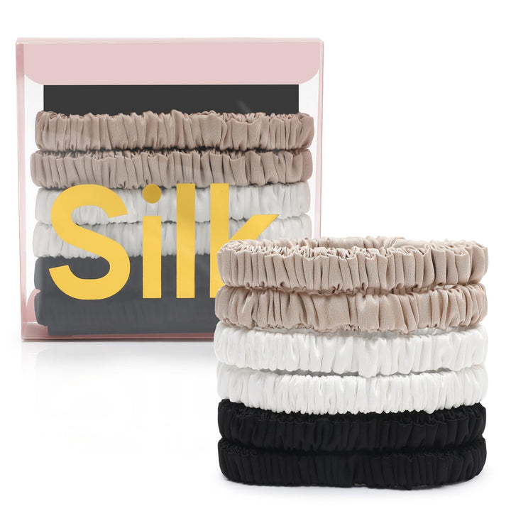 DEMAZALO front packaging showing six silk hair ties and box, elegant gift-ready