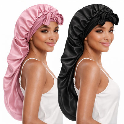 DEMAZALO front view of black and pink long satin bonnets showing large capacity