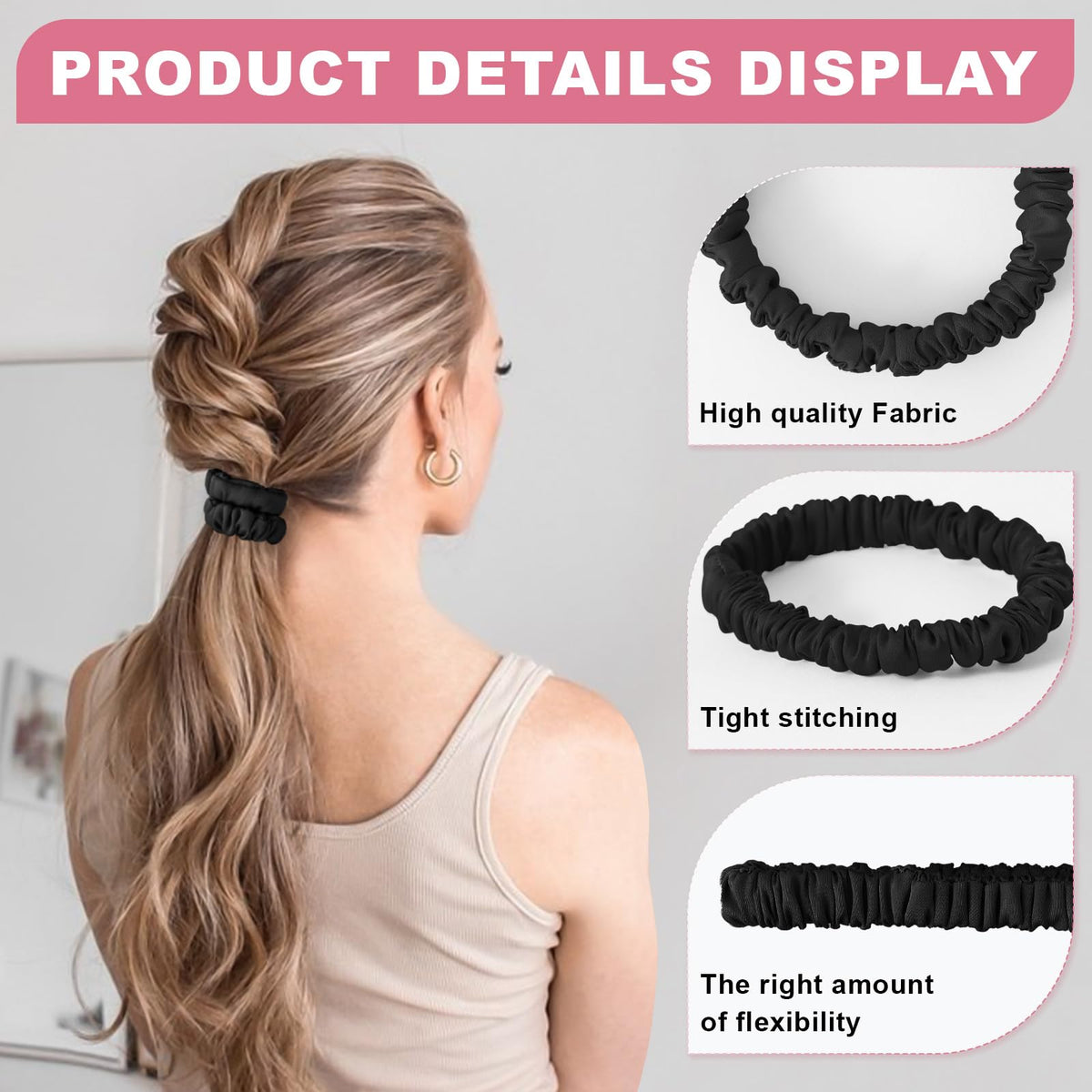 DEMAZALO scrunchie worn in a high ponytail demonstrating secure hold without creasing