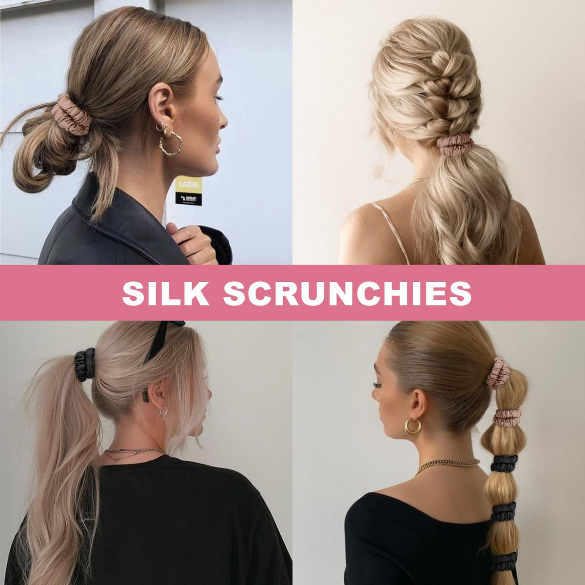 DEMAZALO scrunchies on vanity with accessories, presents a polished everyday look