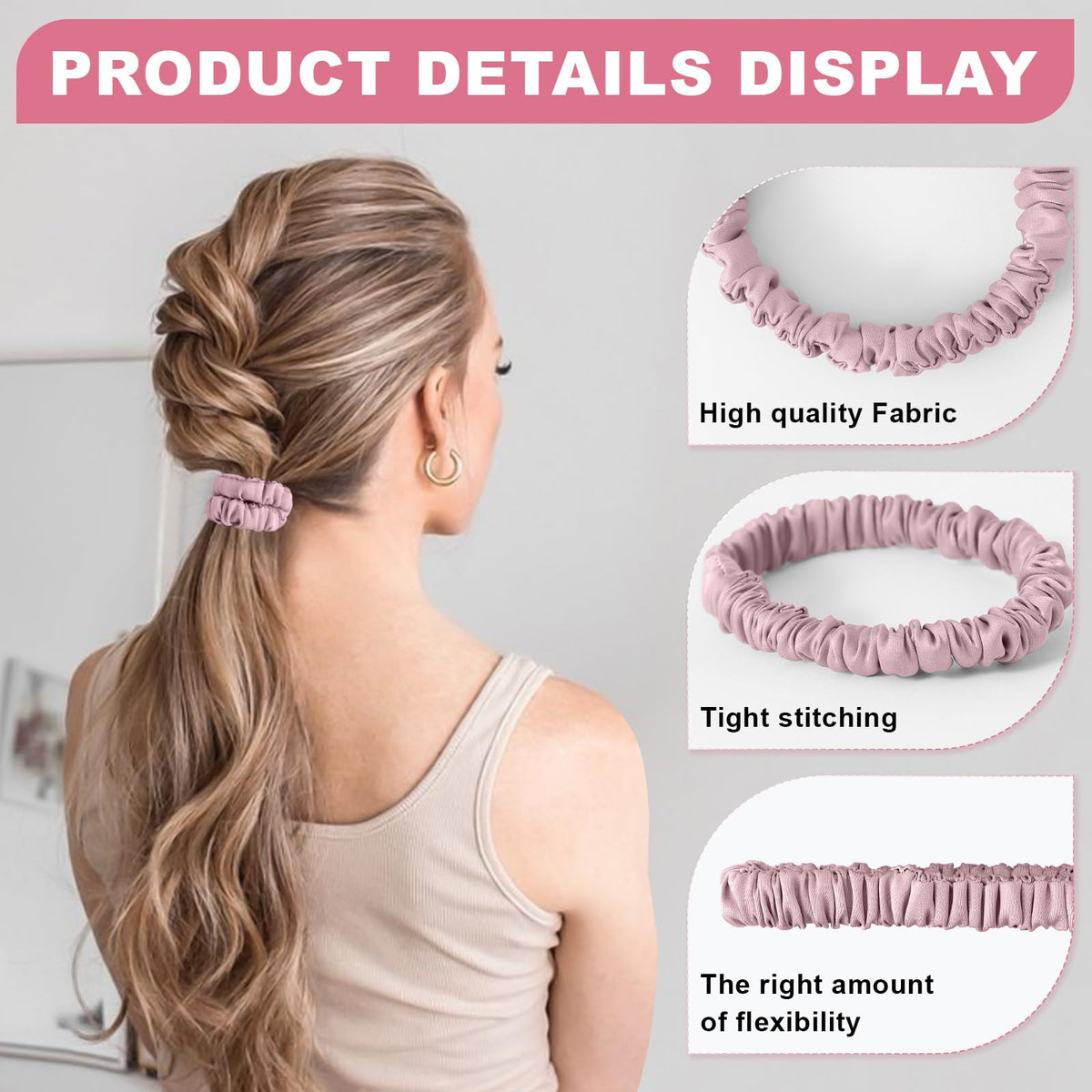 DEMAZALO scrunchie in a model ponytail showing polished look and comfort
