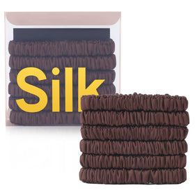 DEMAZALO front packaging showing six silk scrunchies, elegant presentation and convenience