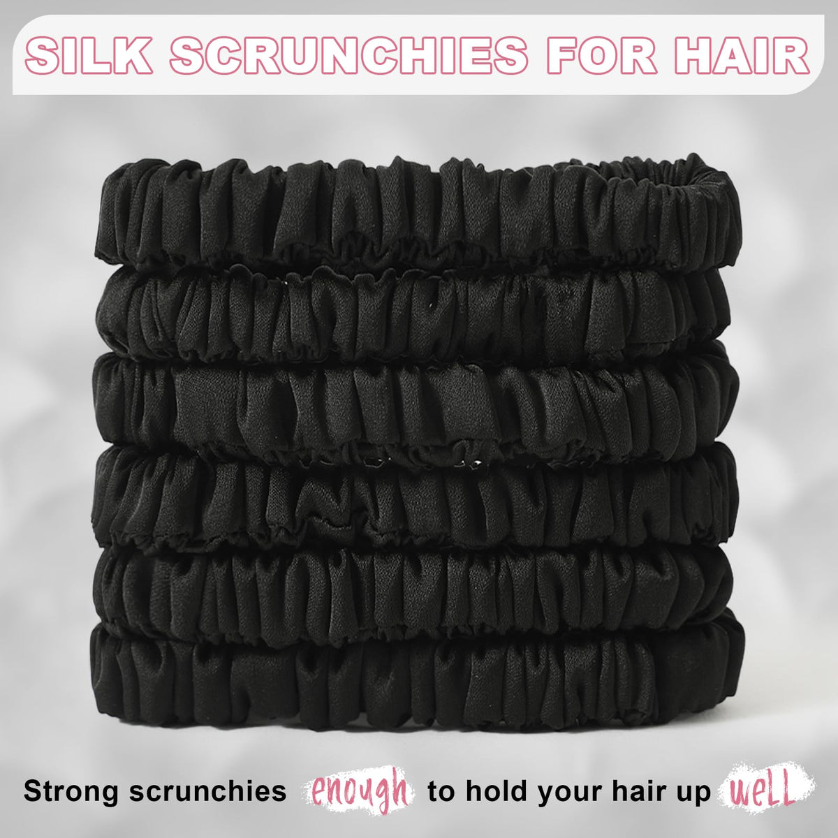 DEMAZALO scrunchie held in a hand for scale shows compact size and portability