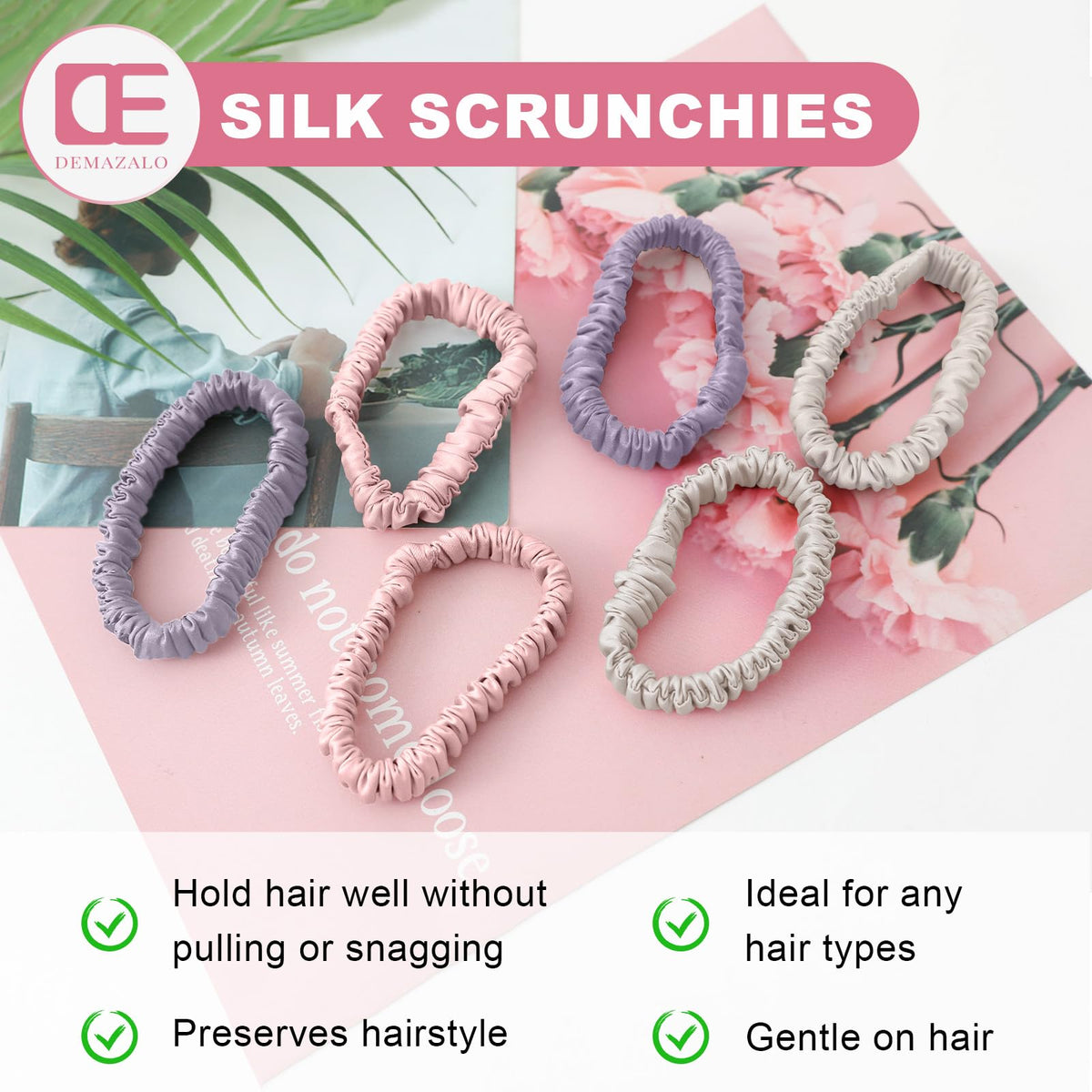 DEMAZALO scrunchies held in hand for scale showing lightweight, travel-friendly size