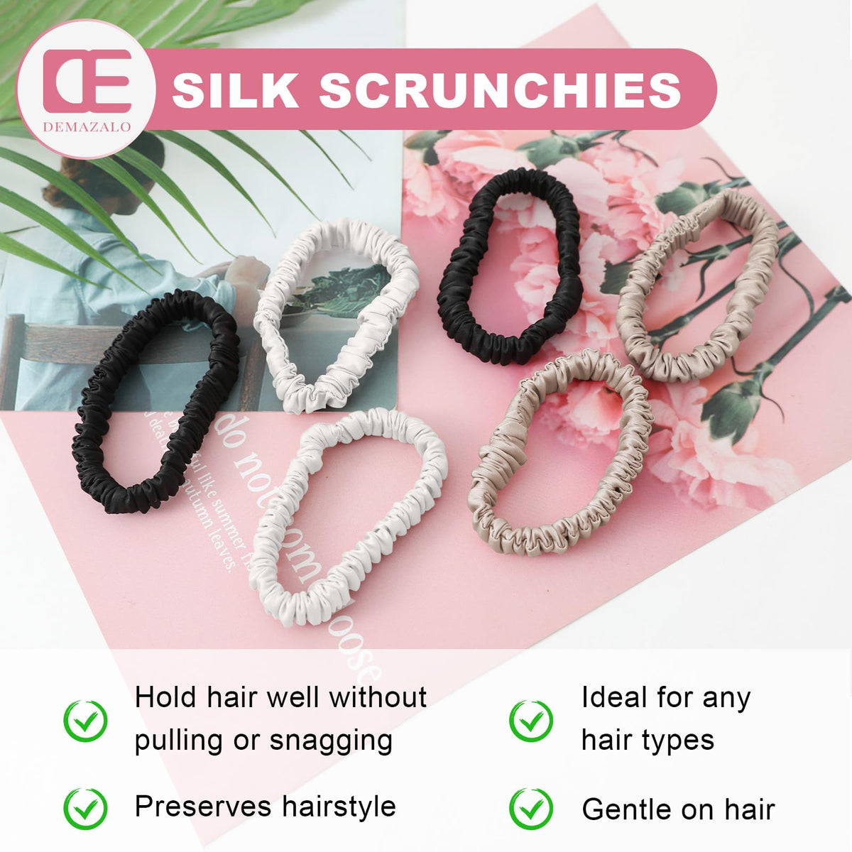 DEMAZALO silk scrunchie in a loose sleep bun showing comfortable overnight wear