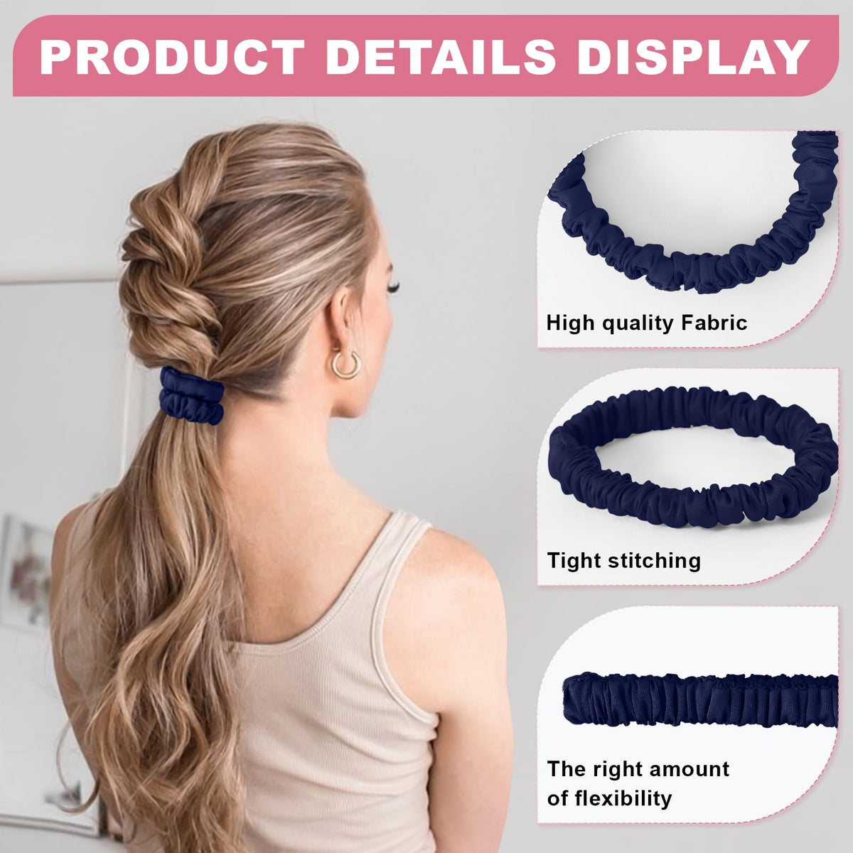 DEMAZALO scrunchie worn in a high ponytail demonstrating secure hold and sleek look