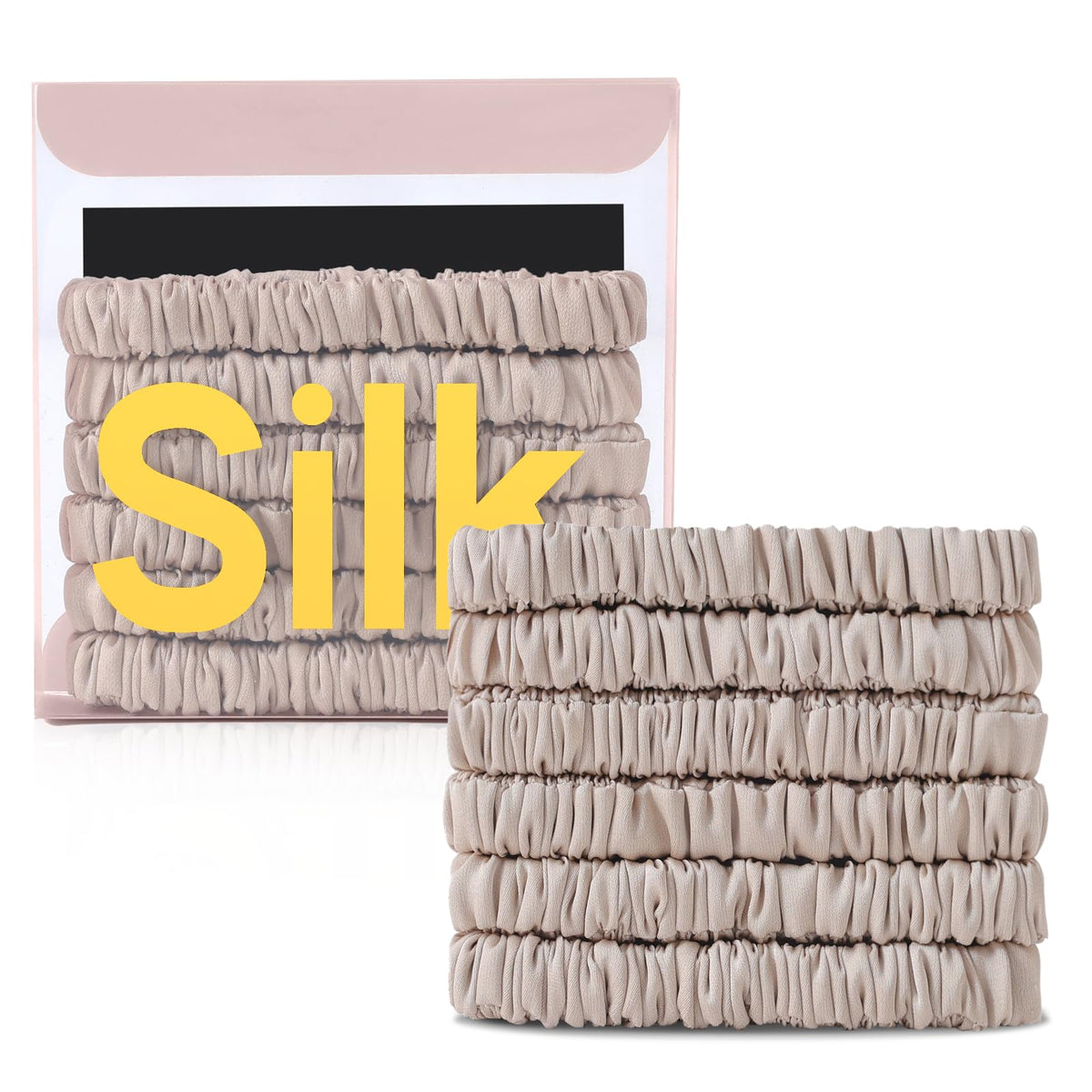 DEMAZALO front view of six silk hair ties showing colors and packaging convenience
