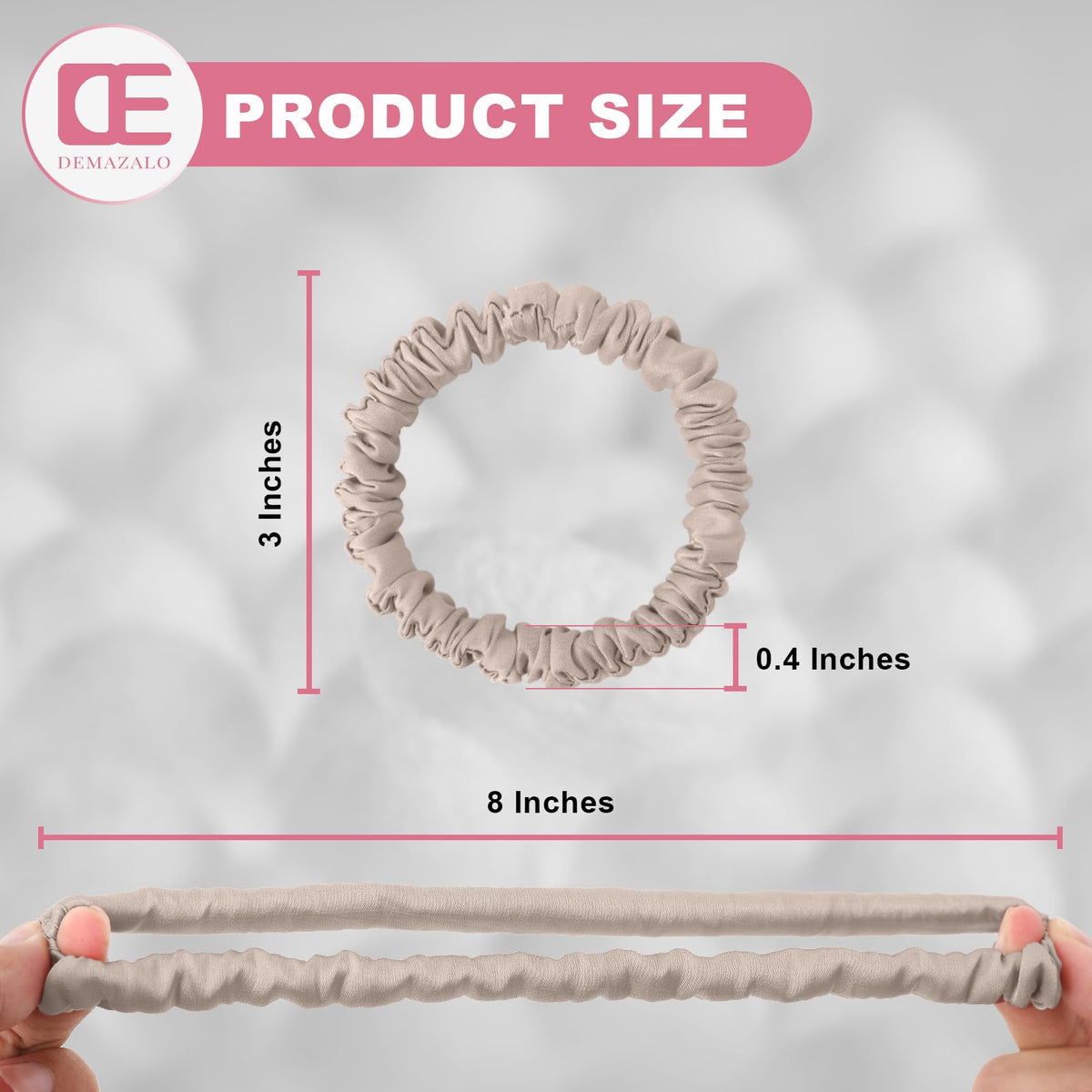 DEMAZALO side view of a rolled scrunchie highlighting slim profile and strong elastic