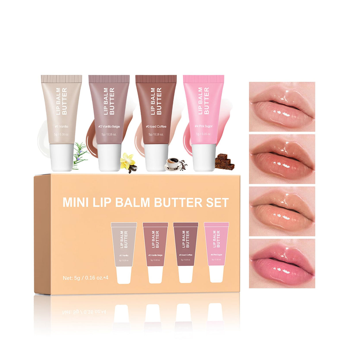 DENESTUP front packaging showing four mini hydrating lip glosses and glossy finish