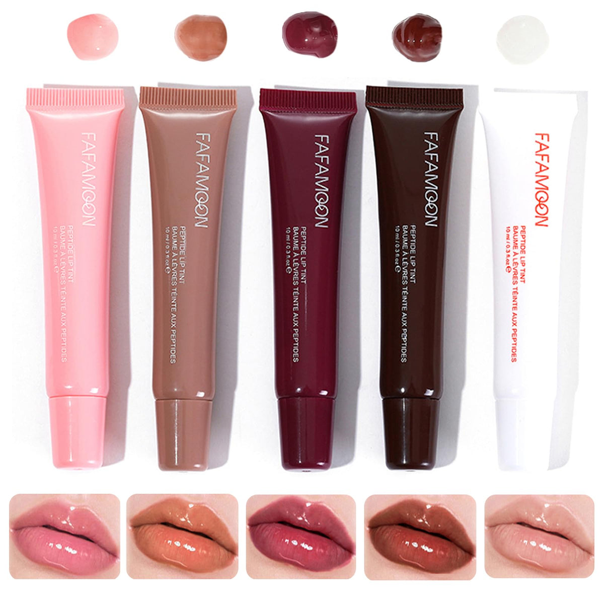 DENESTUP front packaging showing five gloss tubes, practical set