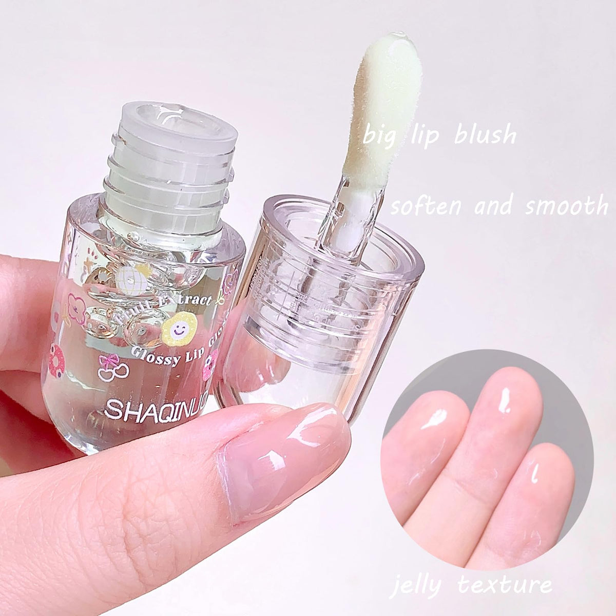 DENESTUP texture swatch on hand showing jelly gloss sheen and lightweight hydration