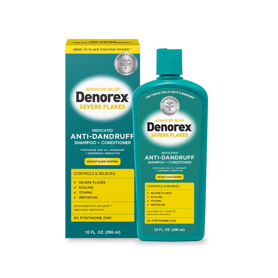 Denorex front bottle 10 fl oz showing label and benefit of flake control