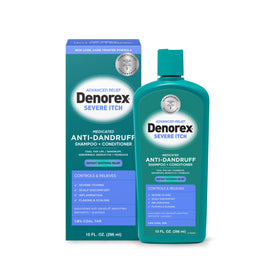Denorex front packaging showing 10 fl oz bottle and product branding for targeted relief