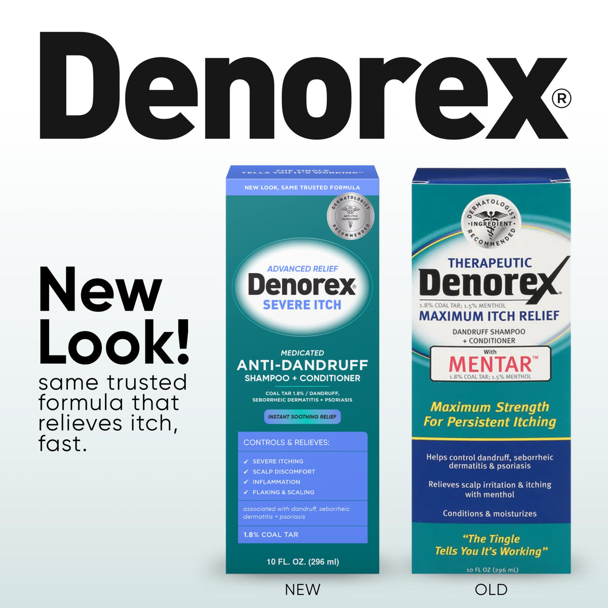 Denorex label close-up highlighting 1.8% coal tar ingredient and clear usage info benefit