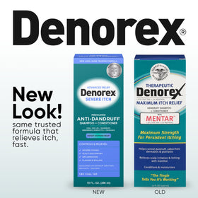 Denorex label close-up highlighting 1.8% coal tar ingredient and clear usage info benefit