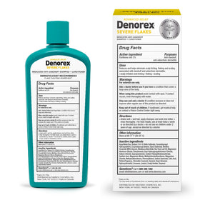 Denorex label close-up showing brand logo and medicated relief claim