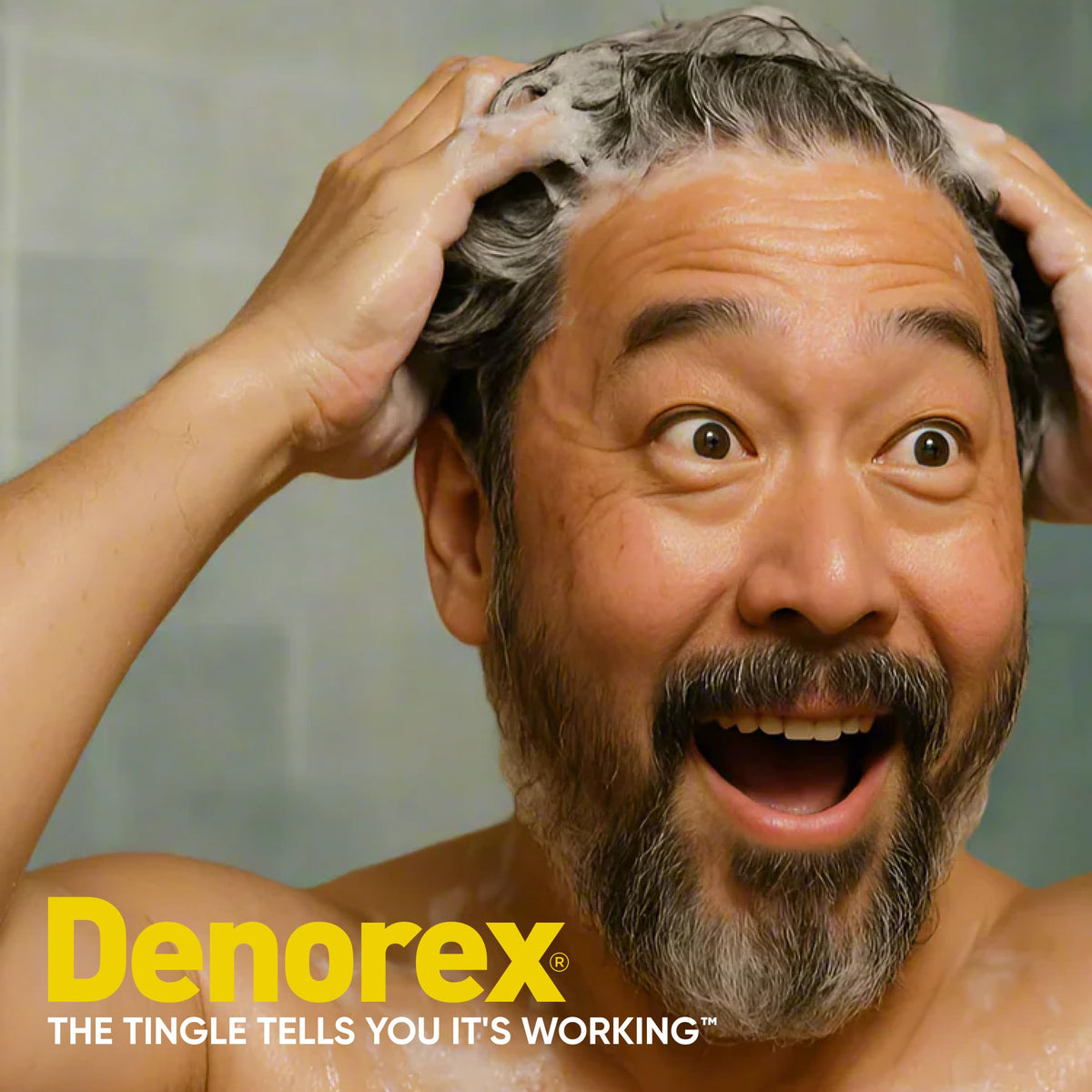 Denorex being applied to scalp in shower to soothe and reduce flakes