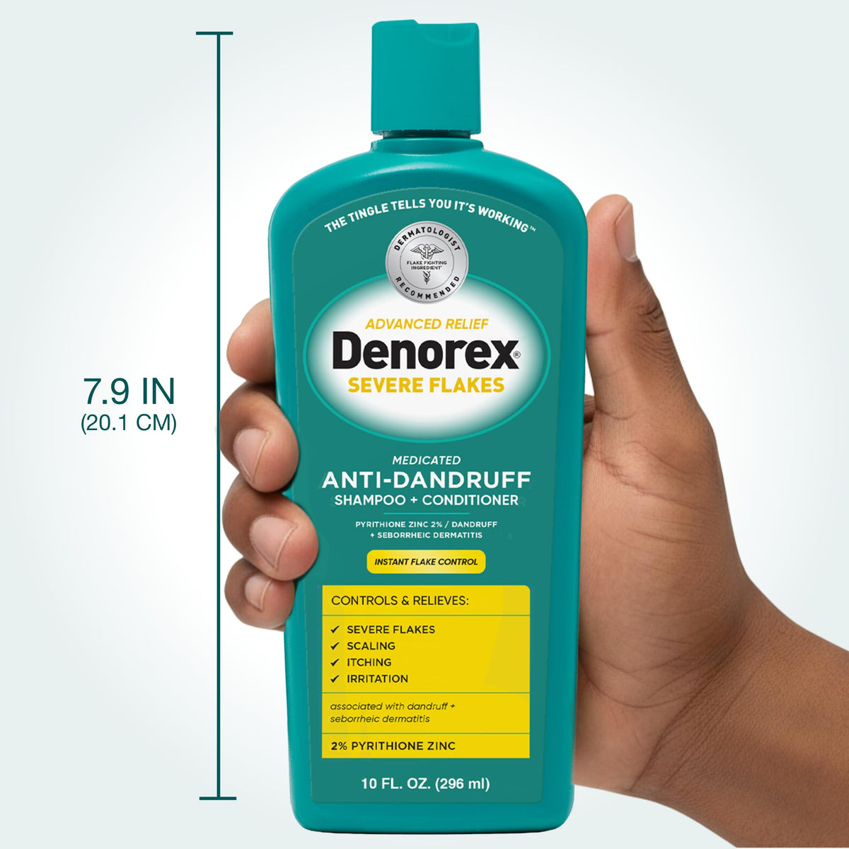 Denorex bottle in hand showing 10 fl oz size for scale and convenience