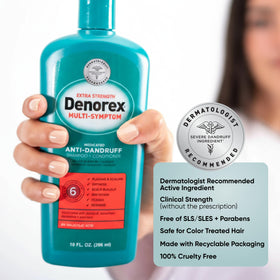 Denorex bottle next to hand showing 10 oz size and portability