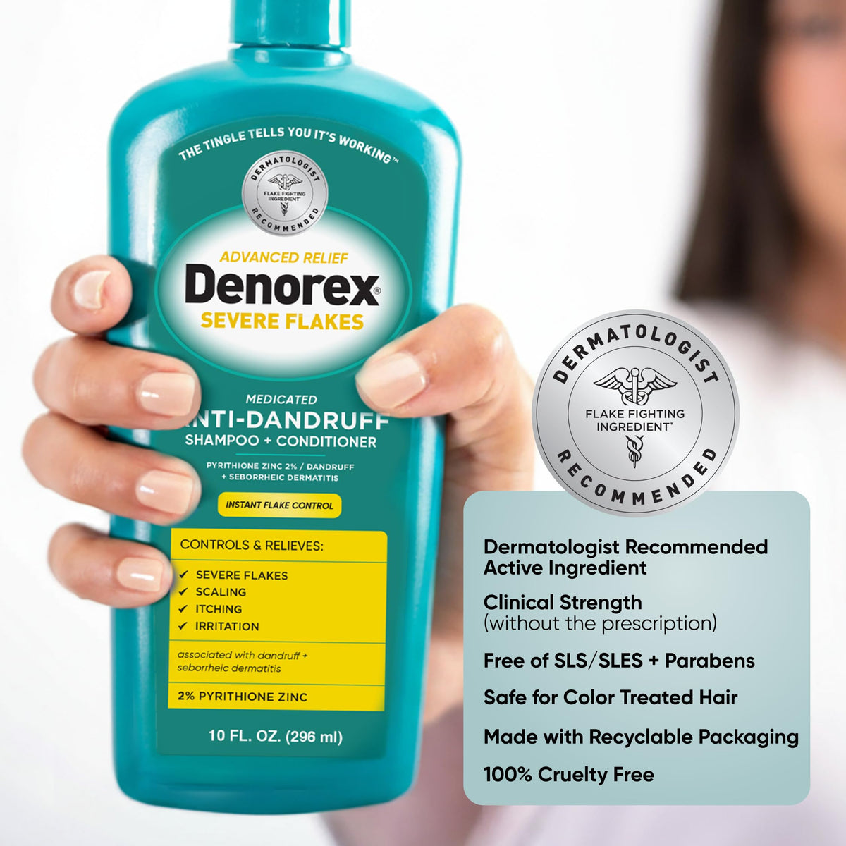 Denorex with tea tree visual highlighting natural cooling and comfort