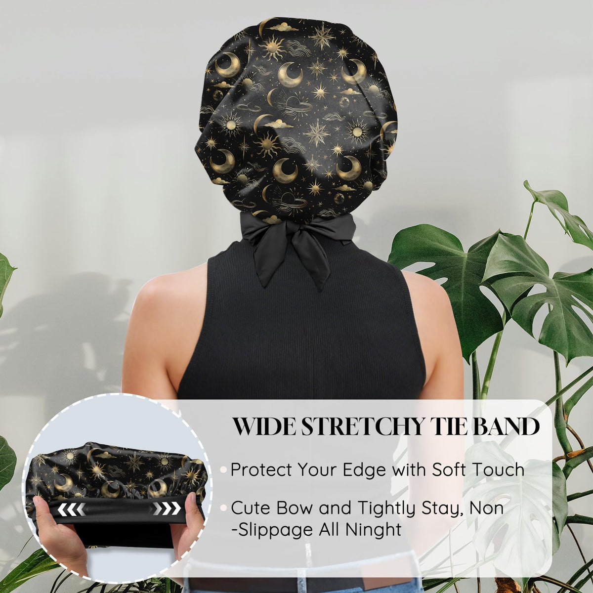 Deokke bonnet on woman sleeping demonstrating hair protection overnight benefit