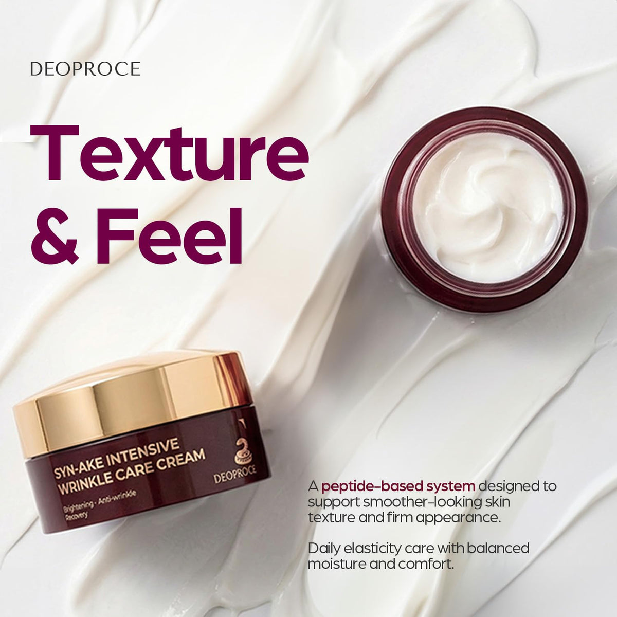 Deoproce ingredient label detail highlighting SYN-AKE peptide and niacinamide benefits