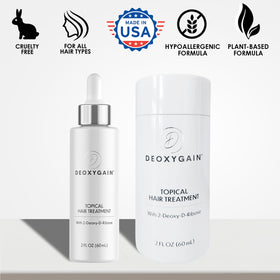 Deoxygain bottle next to common objects showing 2 fl oz size for supply clarity
