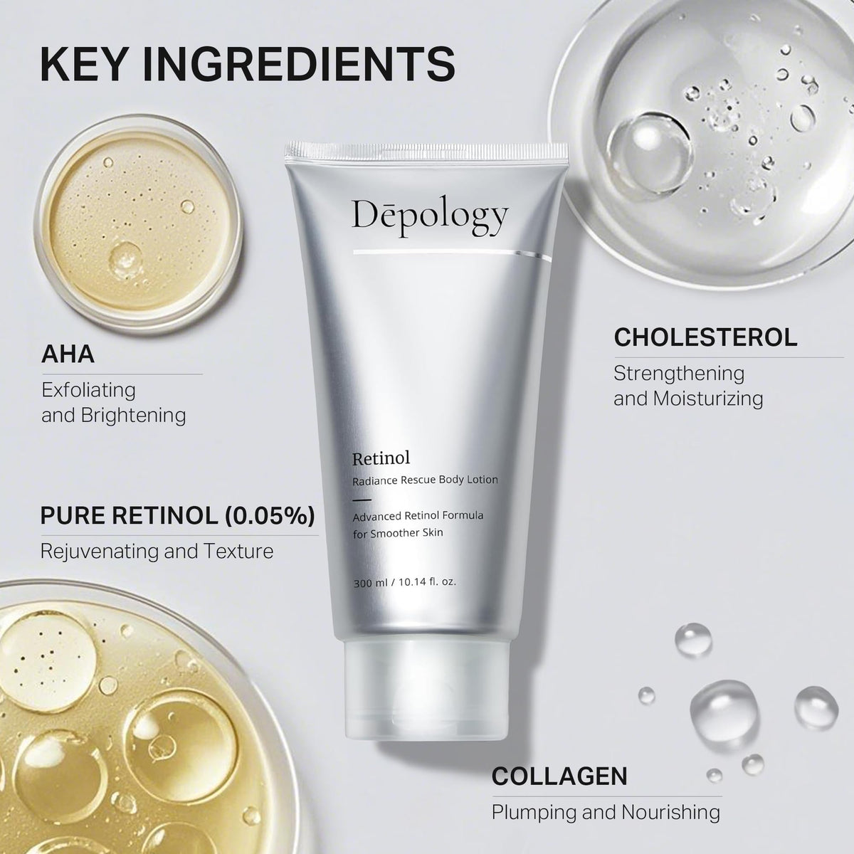 depology bottle held in hand showing 10.14 fl oz scale and long-lasting supply benefit