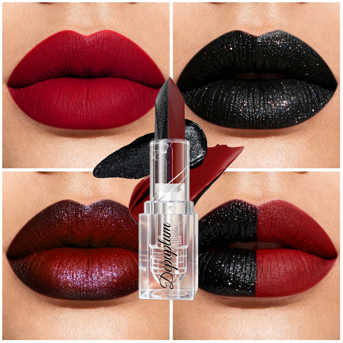 Depuplum matte red application closeup demonstrating smooth, pigmented coverage