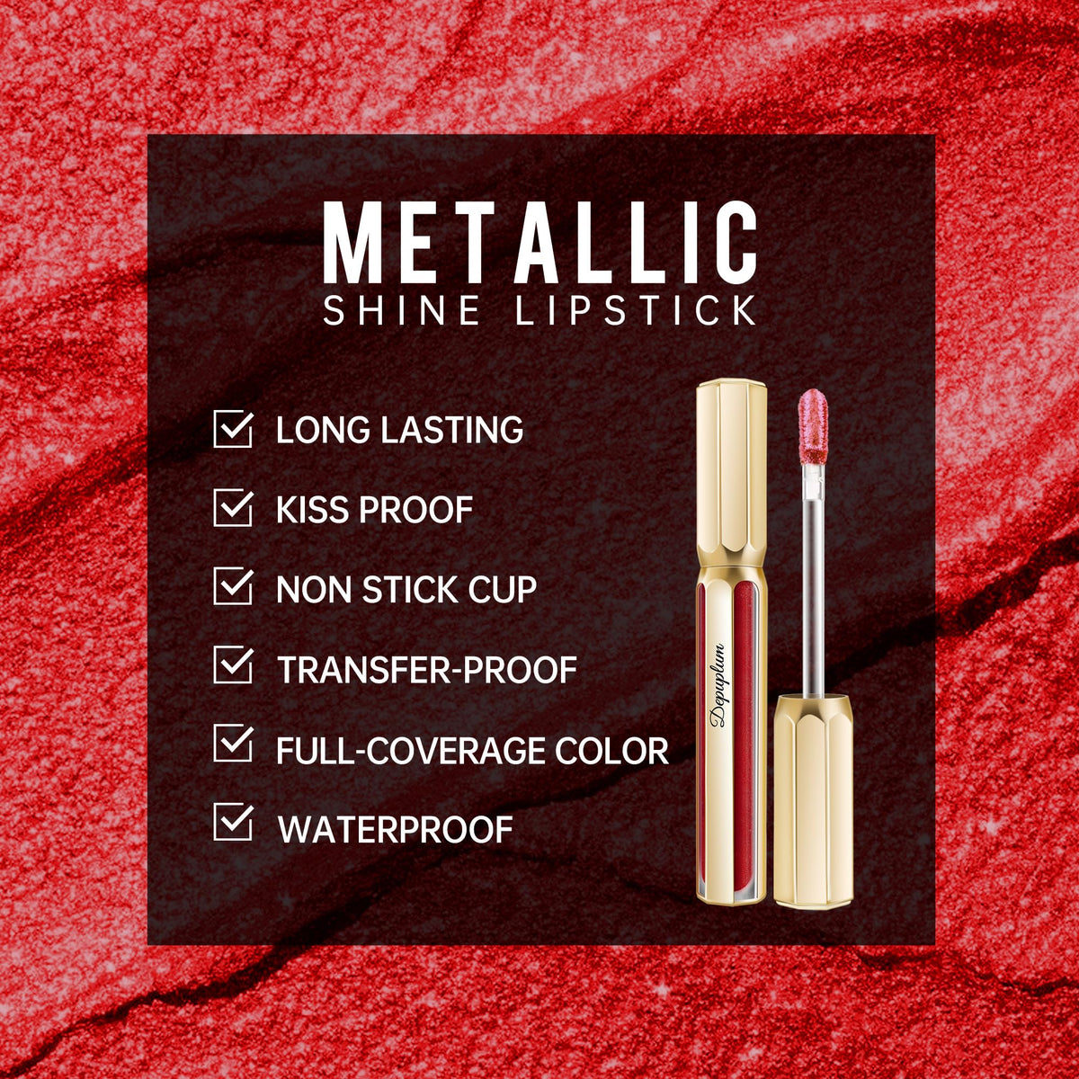 Depuplum close-up of metallic texture and glitter particles, highlights smooth reflective finish