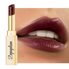 Depuplum dark brown lipstick front packaging showing product and cap benefit glossy finish