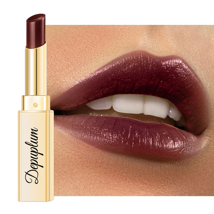 Depuplum dark brown lipstick front packaging showing product and cap benefit glossy finish